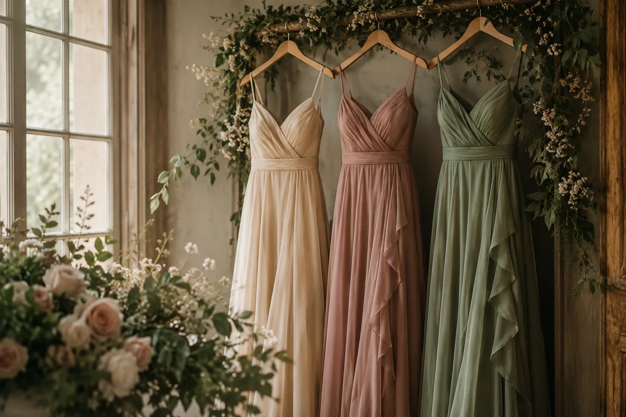 Champagne, dusty rose, and sage dresses hanging together