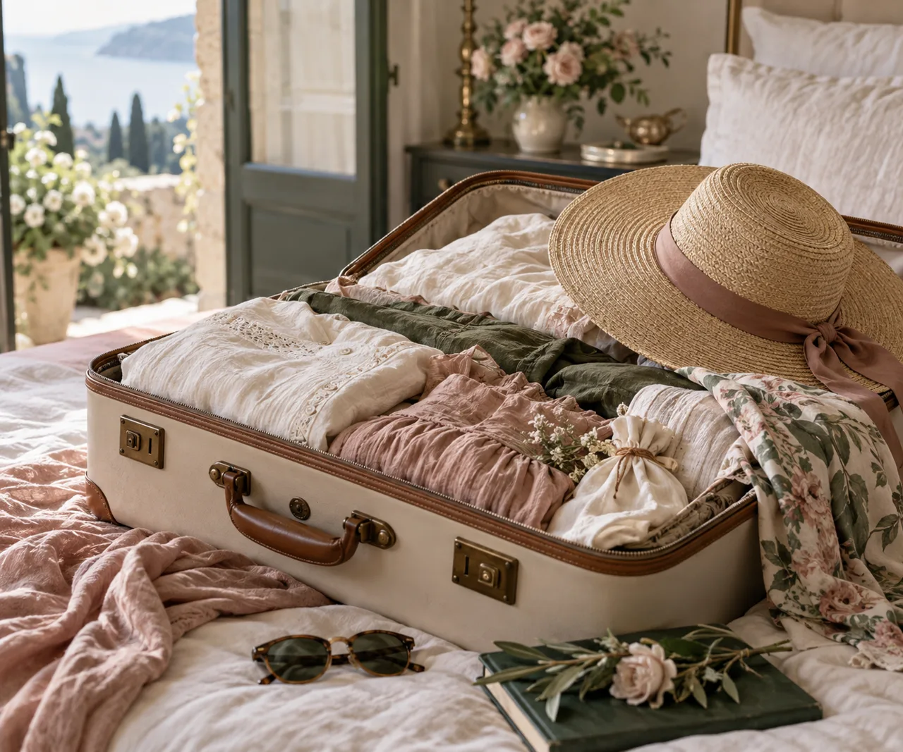 Open suitcase with linen clothes and a sun hat