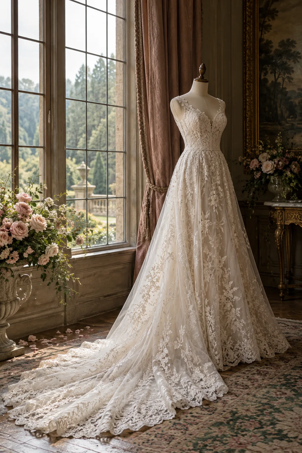 Ivory lace gown with a long train beside a tall window