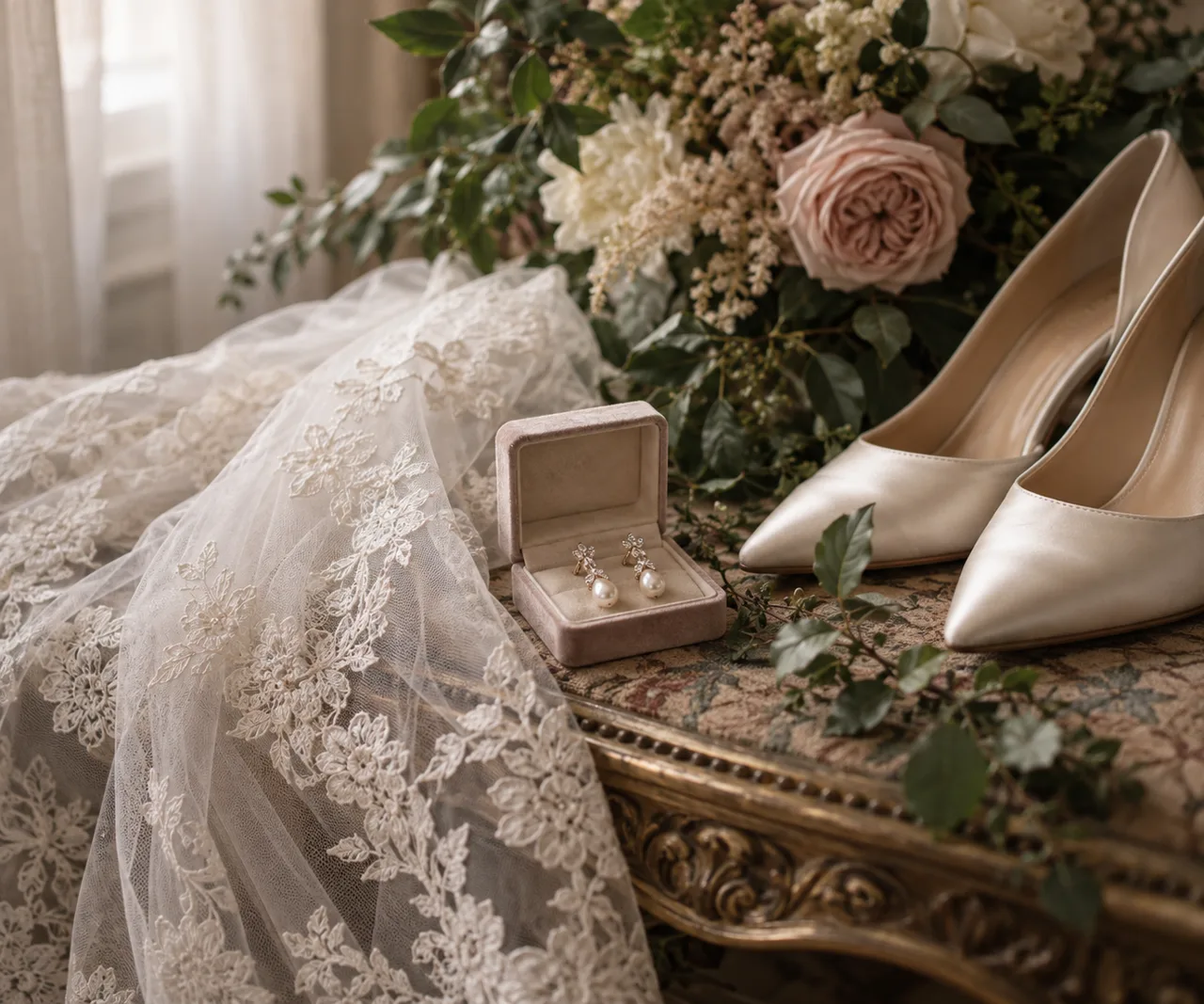 Pearl earrings, ivory shoes, and a lace veil