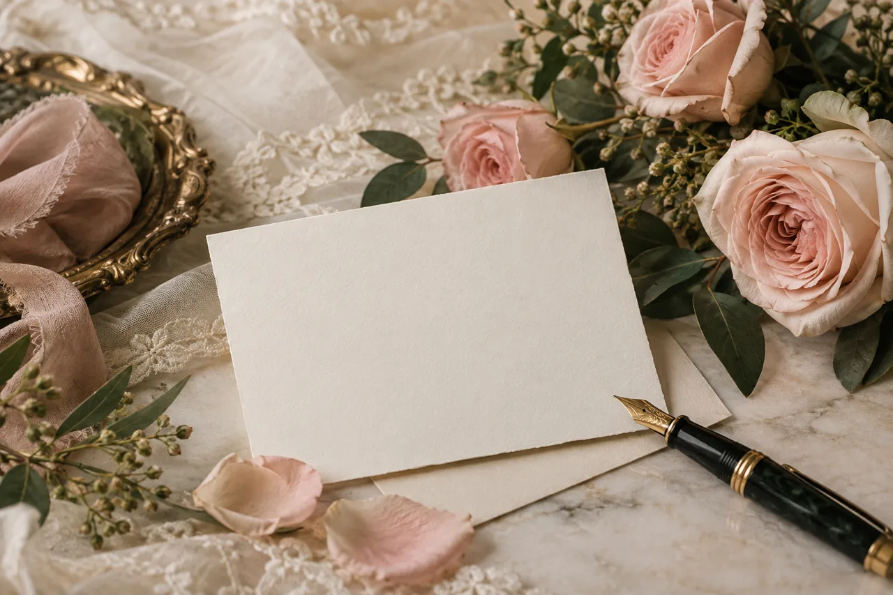 Blank wedding card with blush roses on lace